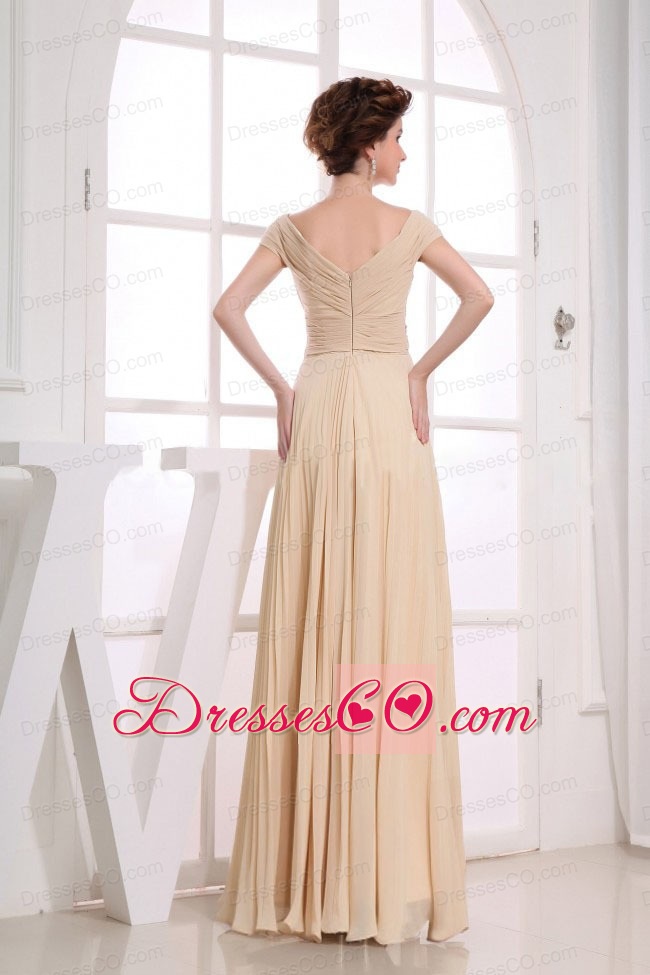 V-neck Champagne Chiffon Long Ruching Prom Dress For Formal Evening