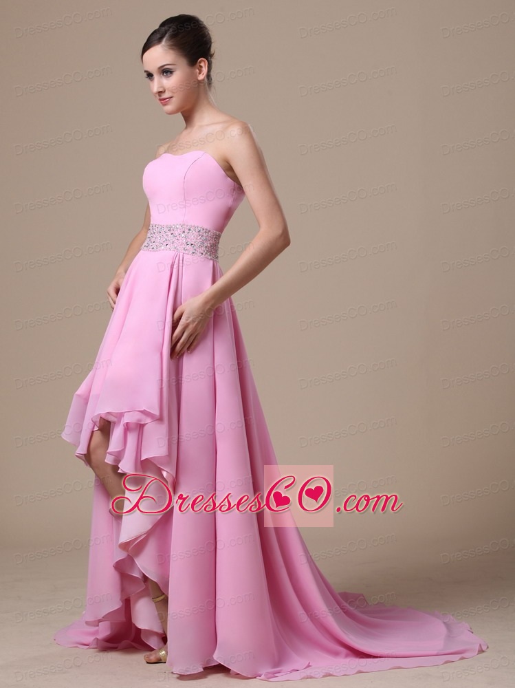 High-low Baby Pink and Beaded Decorate Waist For Prom / Evening Dress