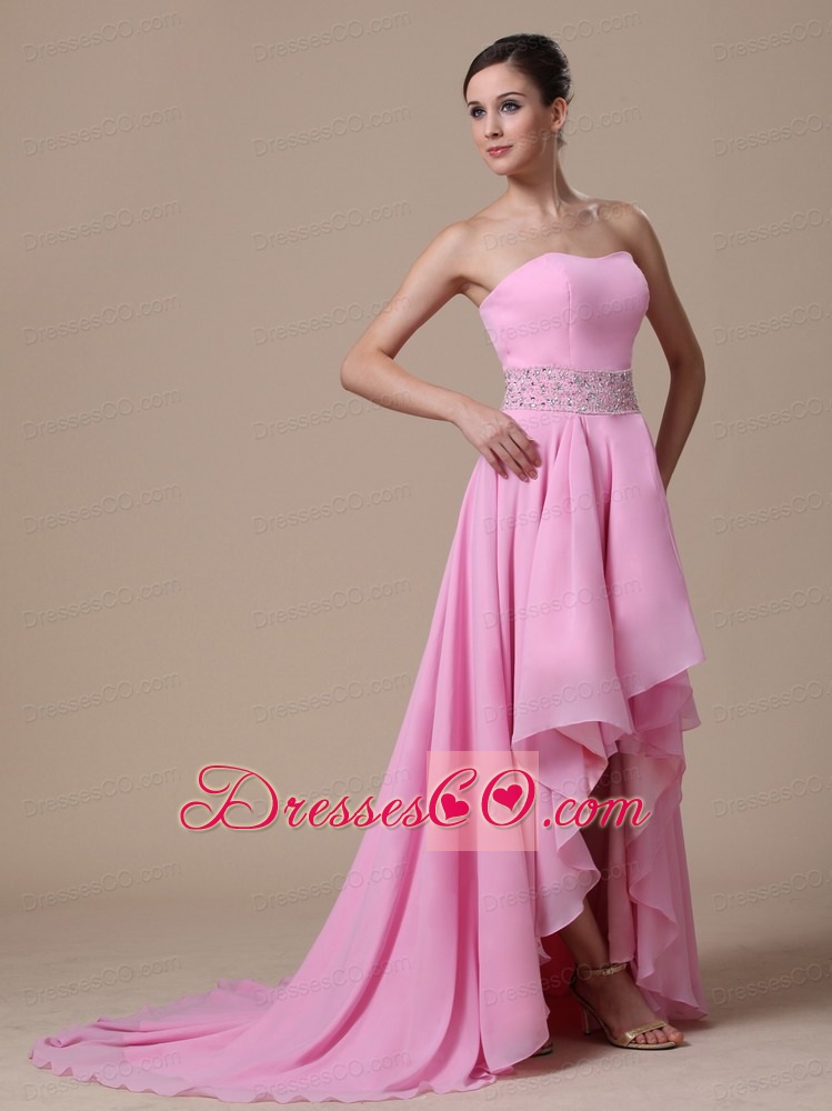 High-low Baby Pink and Beaded Decorate Waist For Prom / Evening Dress
