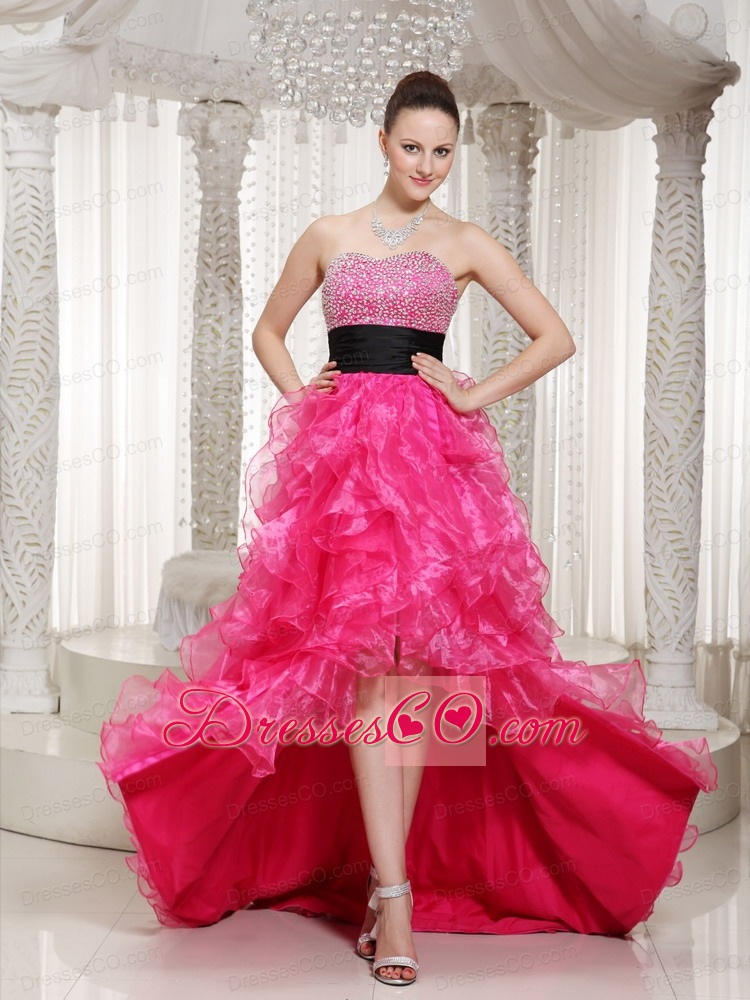 Hot Pink Beaded Belt Embellishment Evening Dress With High-low