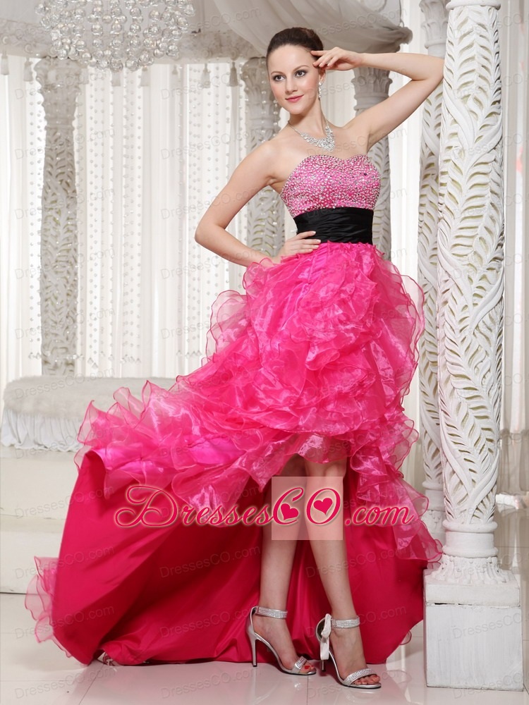 Hot Pink Beaded Belt Embellishment Evening Dress With High-low