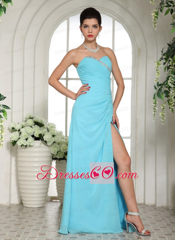 Aqua Blue High Slit Beaded Ruching Prom Dress For Formal Evening