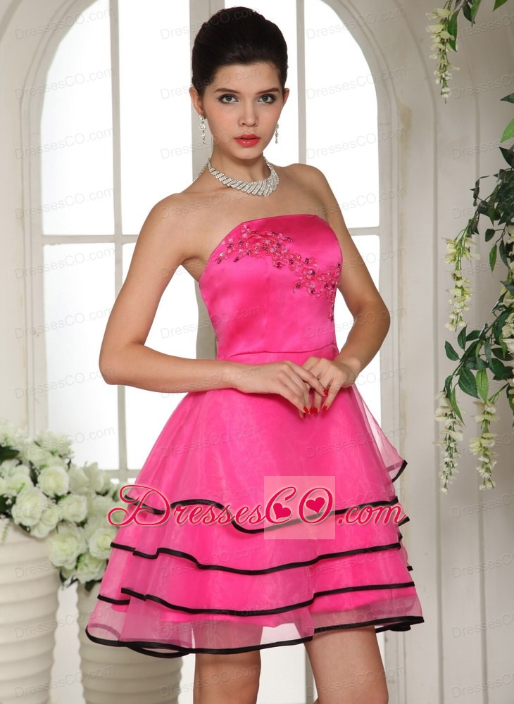 Hot Pink and Black Homecoming Dress With Appliques and Beading For Custom Made