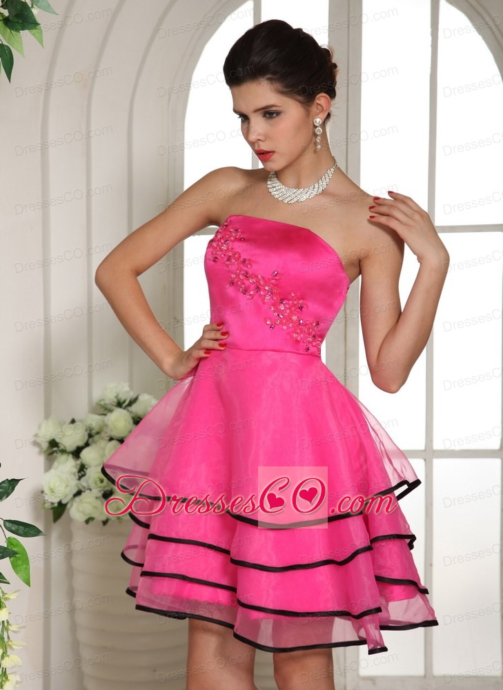 Hot Pink and Black Homecoming Dress With Appliques and Beading For Custom Made