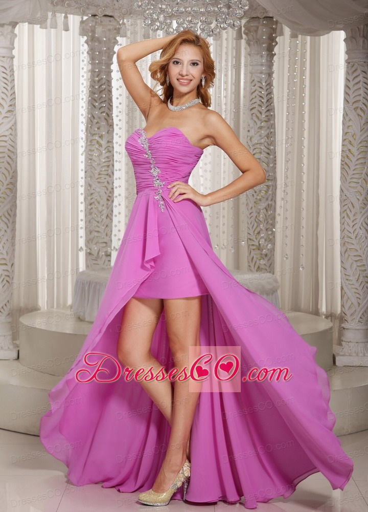 High-low Prom Dress Lavender With Appliques and Ruched Bodice