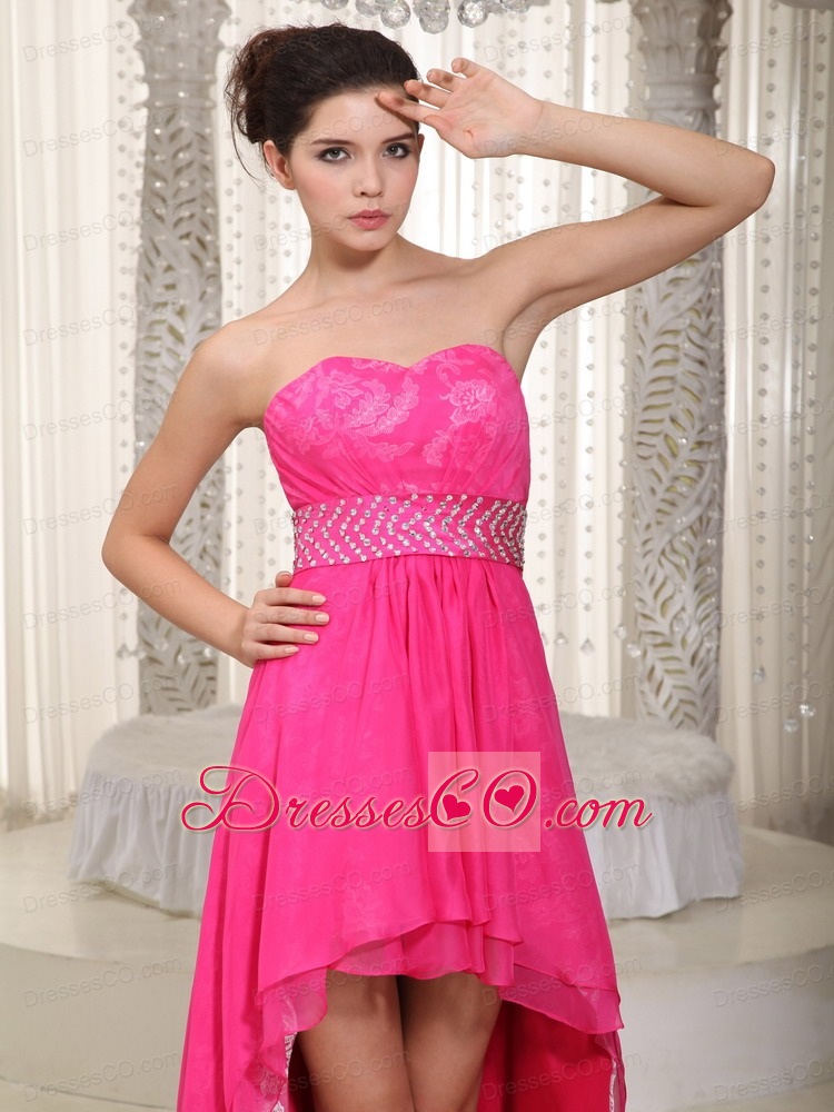 Hot Pink Empire High-low Chiffon and Lace Beading Prom / Evening Dress