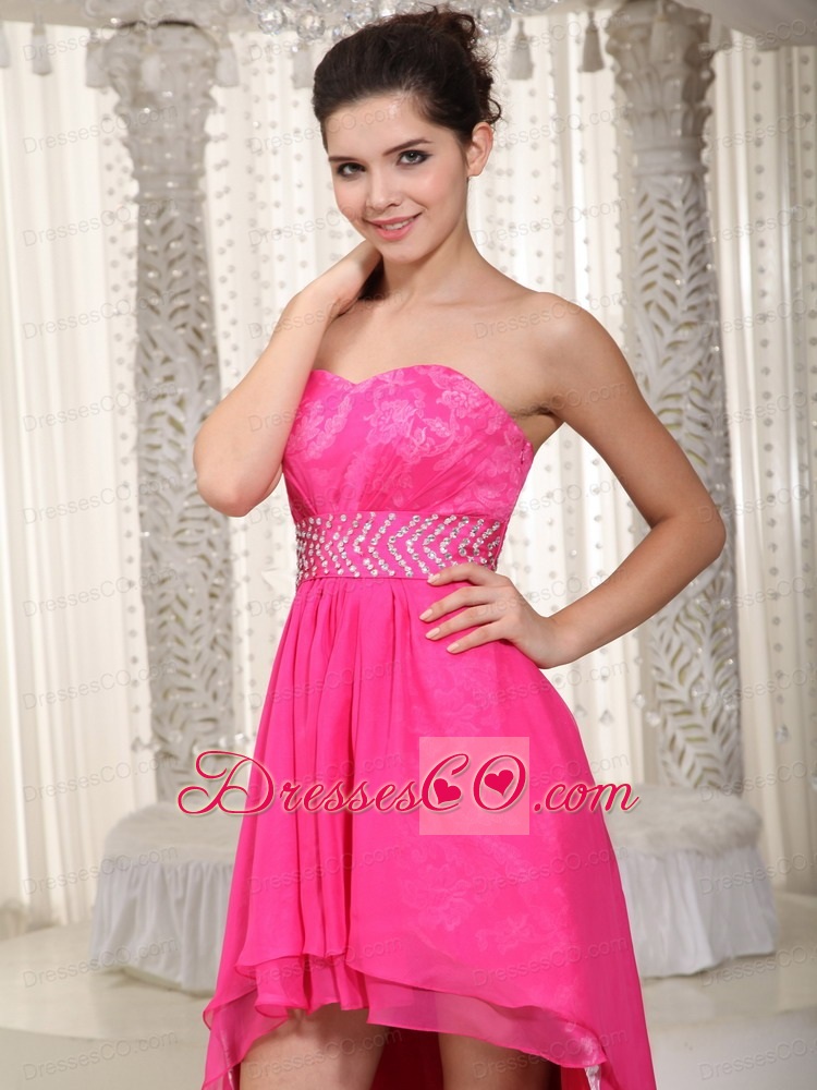 Hot Pink Empire High-low Chiffon and Lace Beading Prom / Evening Dress
