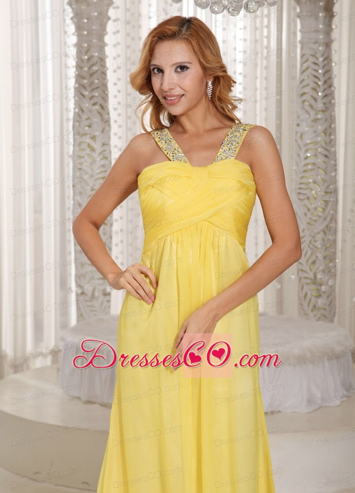 Yellow Empire Beaded Decorate Straps Ruched Bodice Prom Dress Party Style