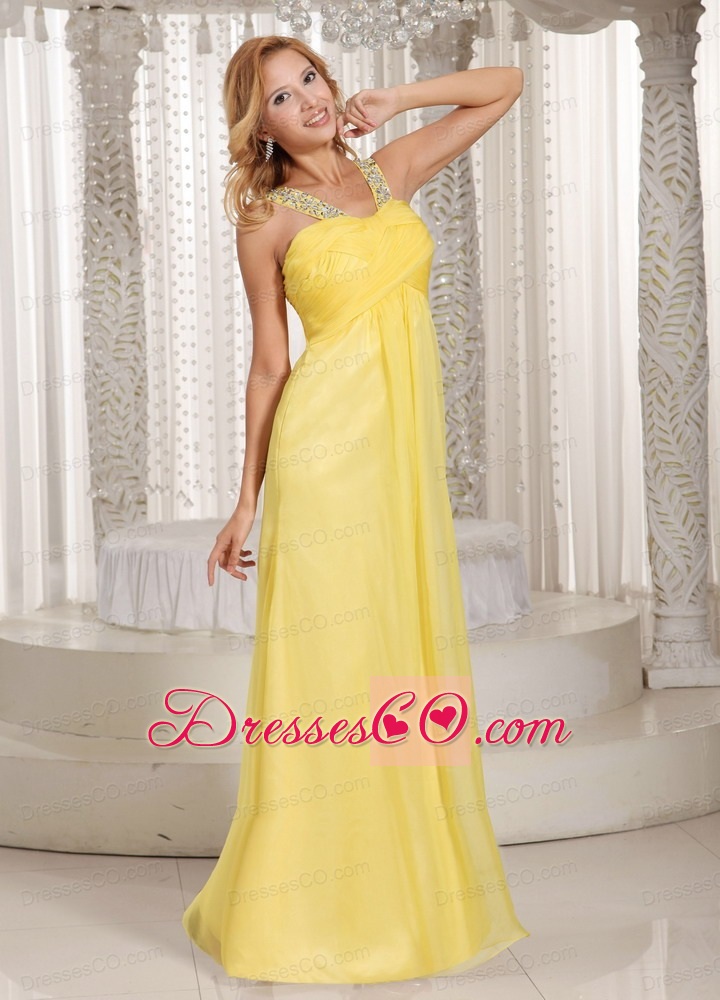 Yellow Empire Beaded Decorate Straps Ruched Bodice Prom Dress Party Style