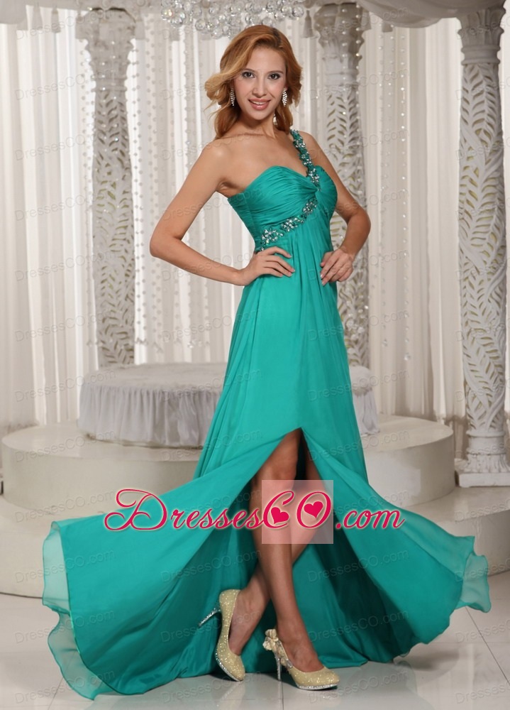 Turquoise One Shoulder High Slit Ruched Prom Graduation Dress With Beading