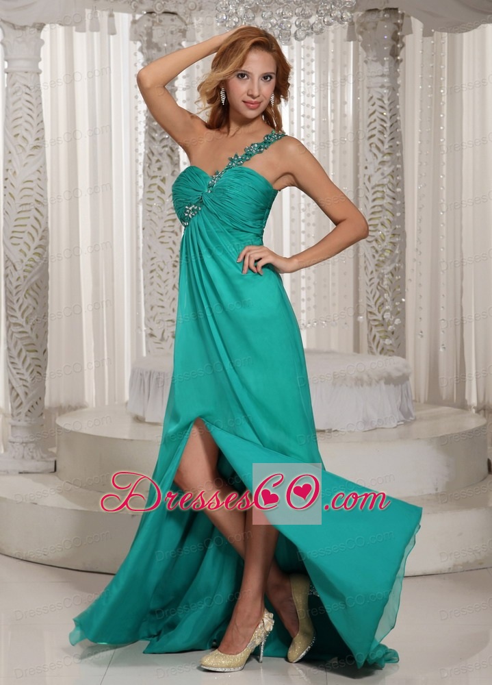 Turquoise One Shoulder High Slit Ruched Prom Graduation Dress With Beading