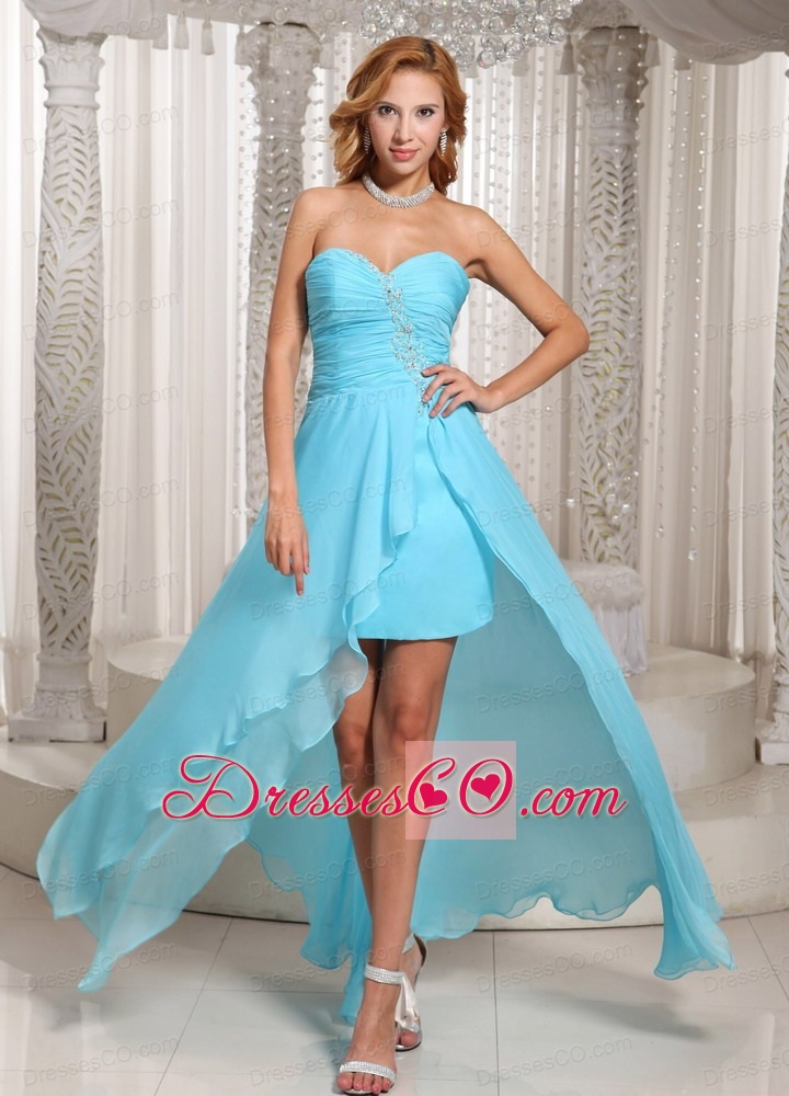 Wholesale Aque Blue High-low Prom Dress For Evening Beading and Ruching