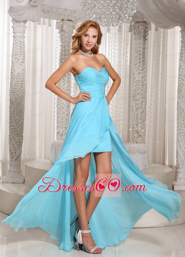 Wholesale Aque Blue High-low Prom Dress For Evening Beading and Ruching