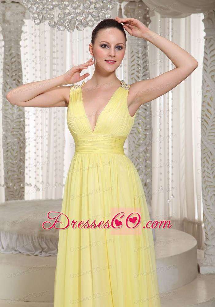 Light Yellow V-neck Chiffon Long Prom Dress Party Style