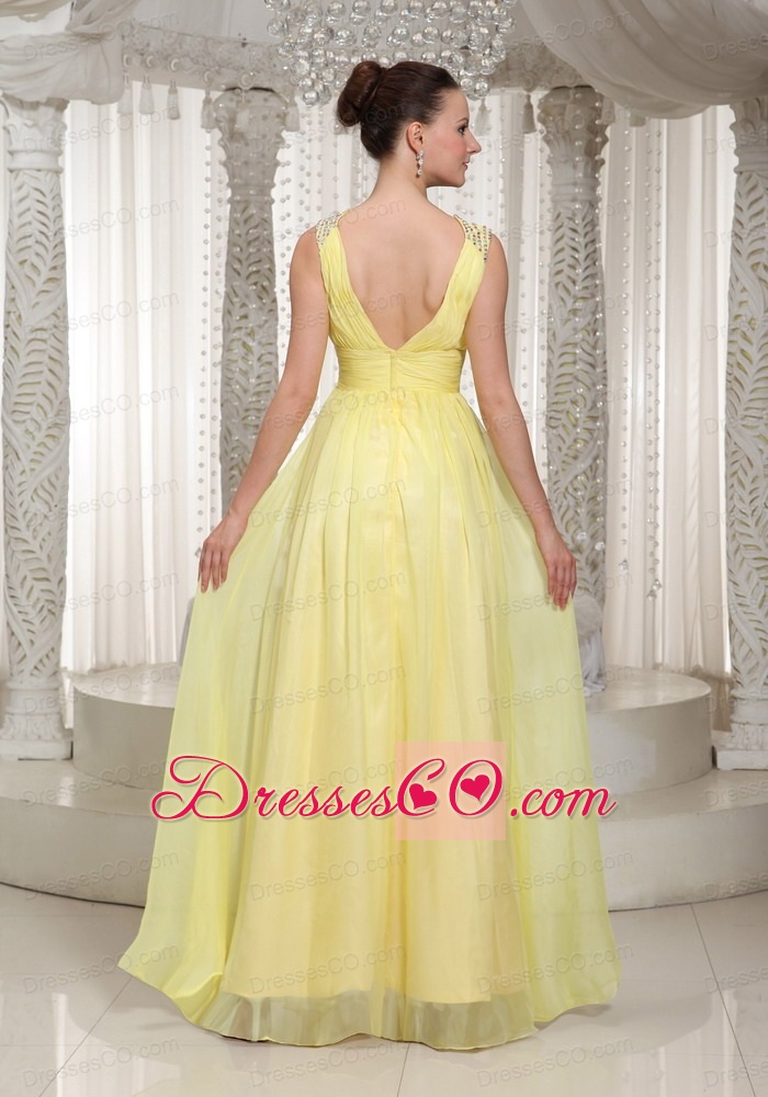 Light Yellow V-neck Chiffon Long Prom Dress Party Style