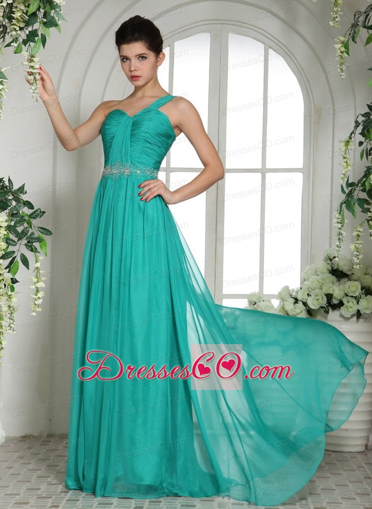 Wholesale Turquoise One Shoulder Prom Celebrity Dress With Ruching and Beading