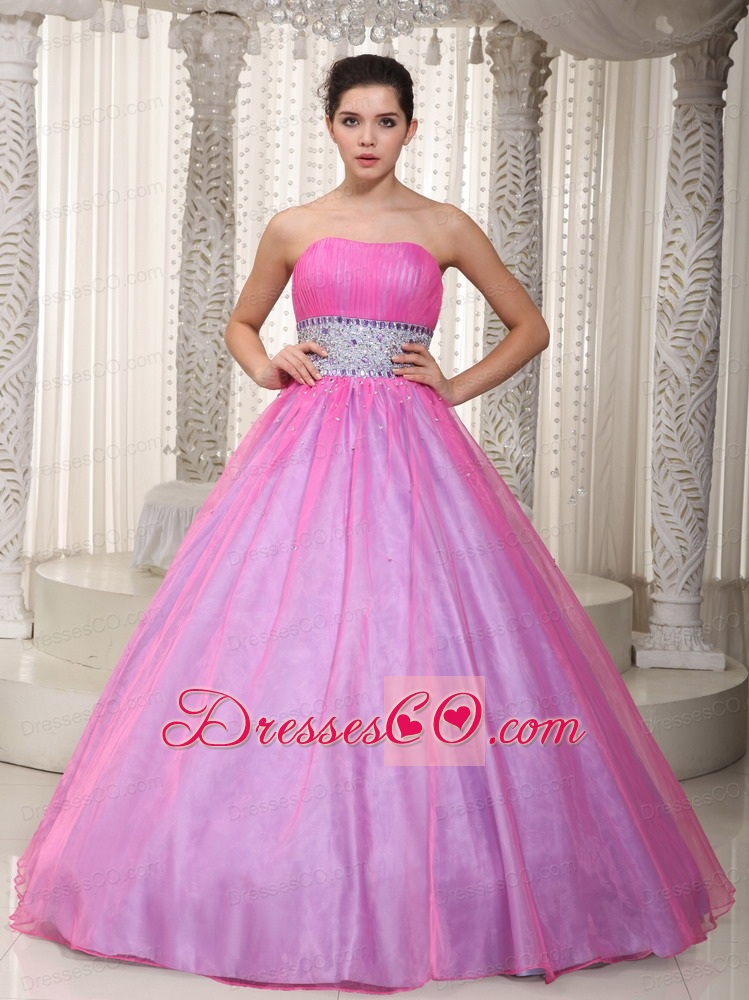 Hot Pink A-line / Princess Strapless Long Organza Beading Prom Dress