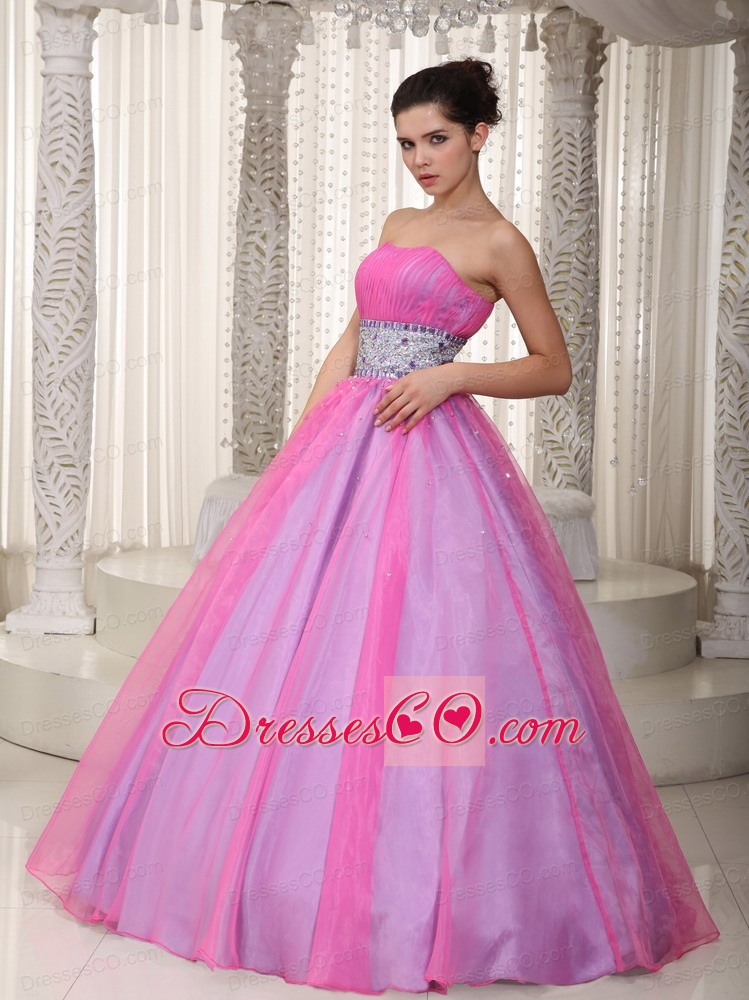 Hot Pink A-line / Princess Strapless Long Organza Beading Prom Dress
