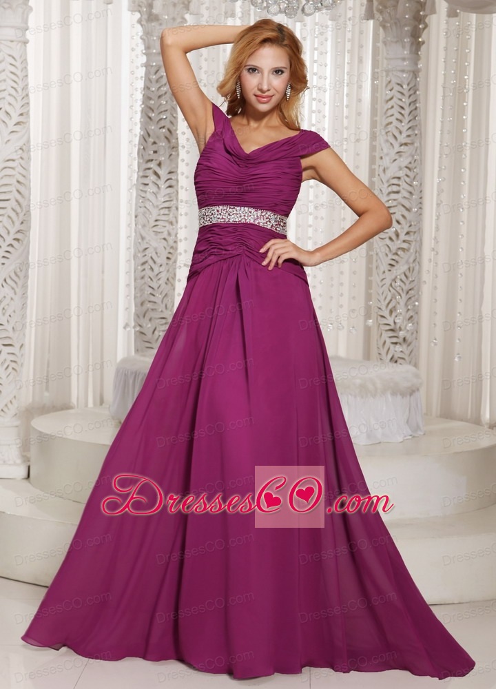 Fuchsia Off The Shoulder Ruched Bodice and Beading Customize Prom Dress For Spring