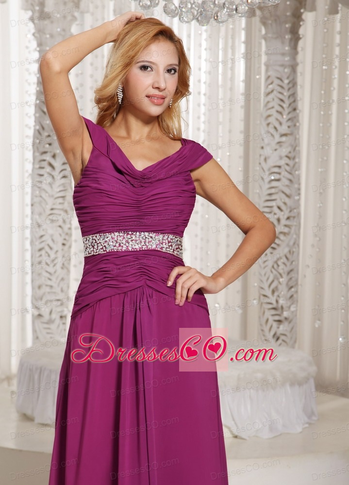 Fuchsia Off The Shoulder Ruched Bodice and Beading Customize Prom Dress For Spring