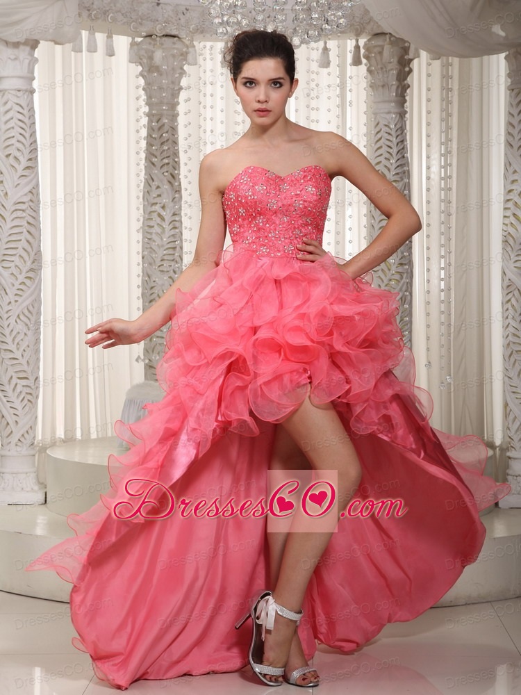 Watermelon A-line High-low Organza and Taffeta Beading Prom / Evening Dress