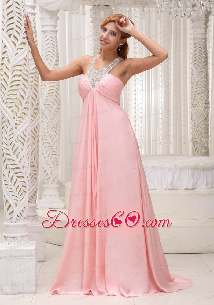 Beaded Decorate Scoop Neckline Ruched Decorate Bust Brush Train Baby Pink Chiffon Prom Dress For Military Ball