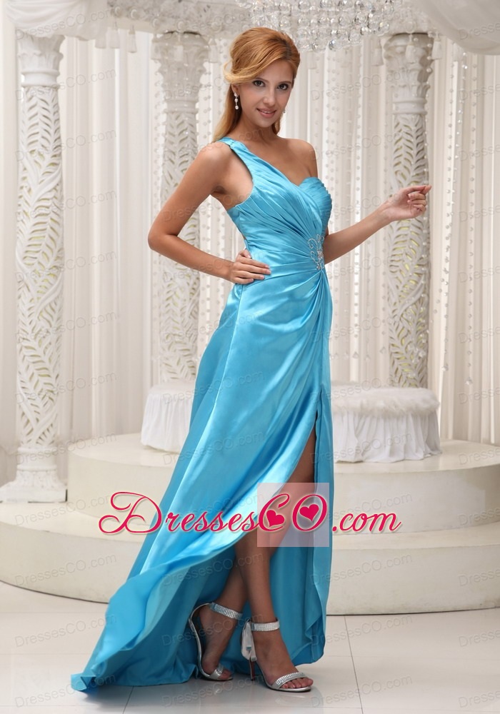Ruched Decorate One Shoulder High Slit Aqua Blue Taffeta Prom / Evening Dress For Beaded Decorate Waist