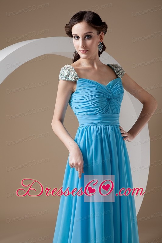Customize Baby Blue Prom Dress Empire Square Chiffon Beading Brush Train