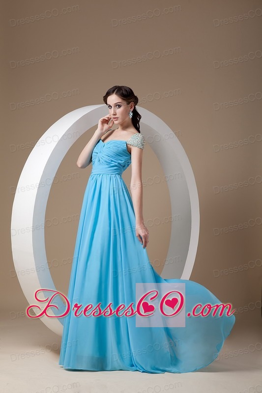 Customize Baby Blue Prom Dress Empire Square Chiffon Beading Brush Train