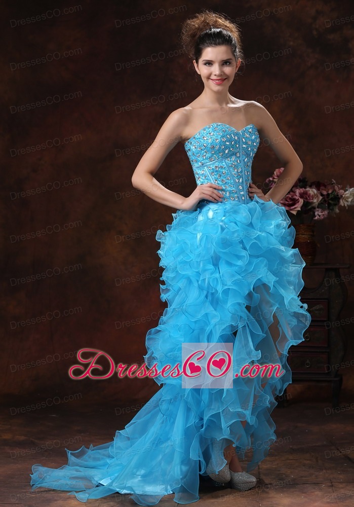 High-low Aqua Blue For Prom Dress With Beaded Bodice and Ruffles