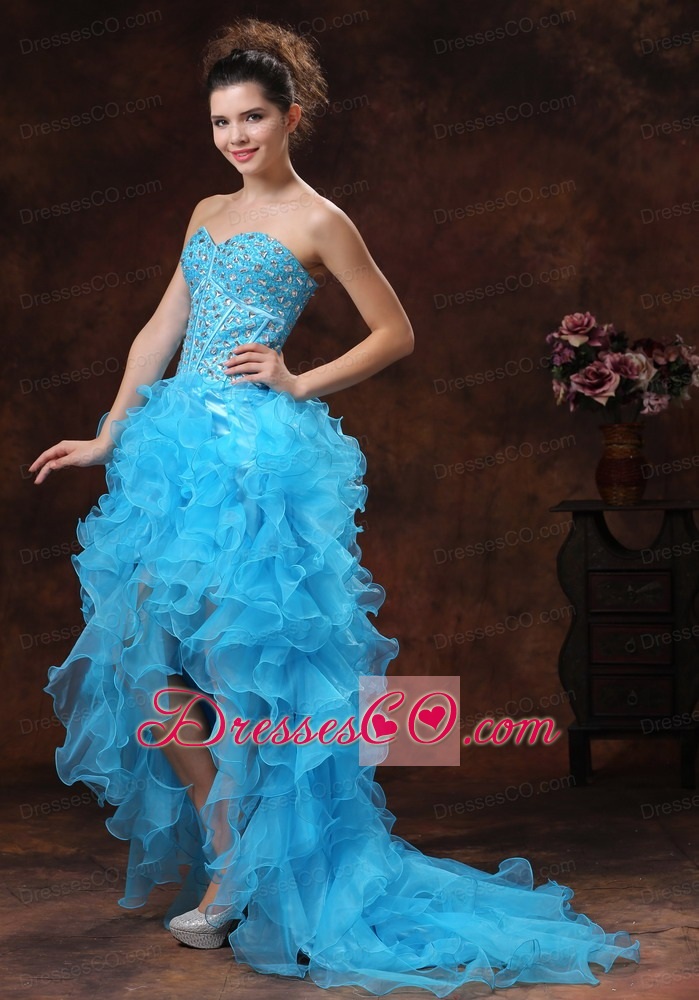 High-low Aqua Blue For Prom Dress With Beaded Bodice and Ruffles