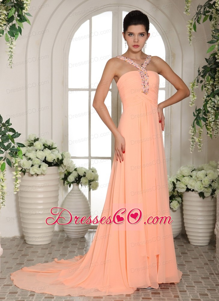 Watermelon Pink Straps Beading and Ruching Prom Dress With Court Train
