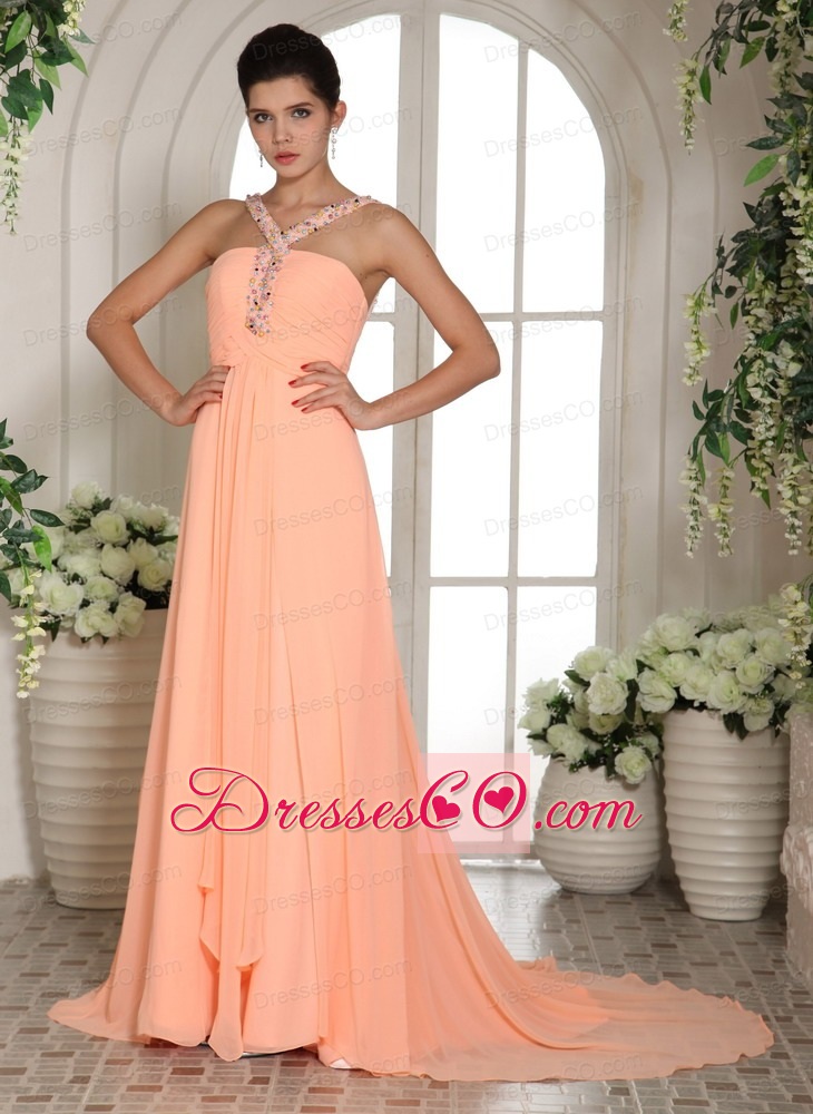 Watermelon Pink Straps Beading and Ruching Prom Dress With Court Train
