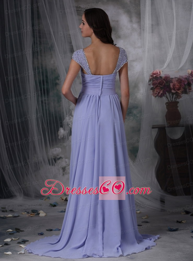 Pretty Lilac Empire Mother of the Bride Dress Square Chiffon Beading and Ruching Brush Train