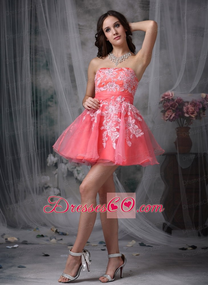 Watermelon A-line Strapless Mini-length Organza Appliques Prom Dress