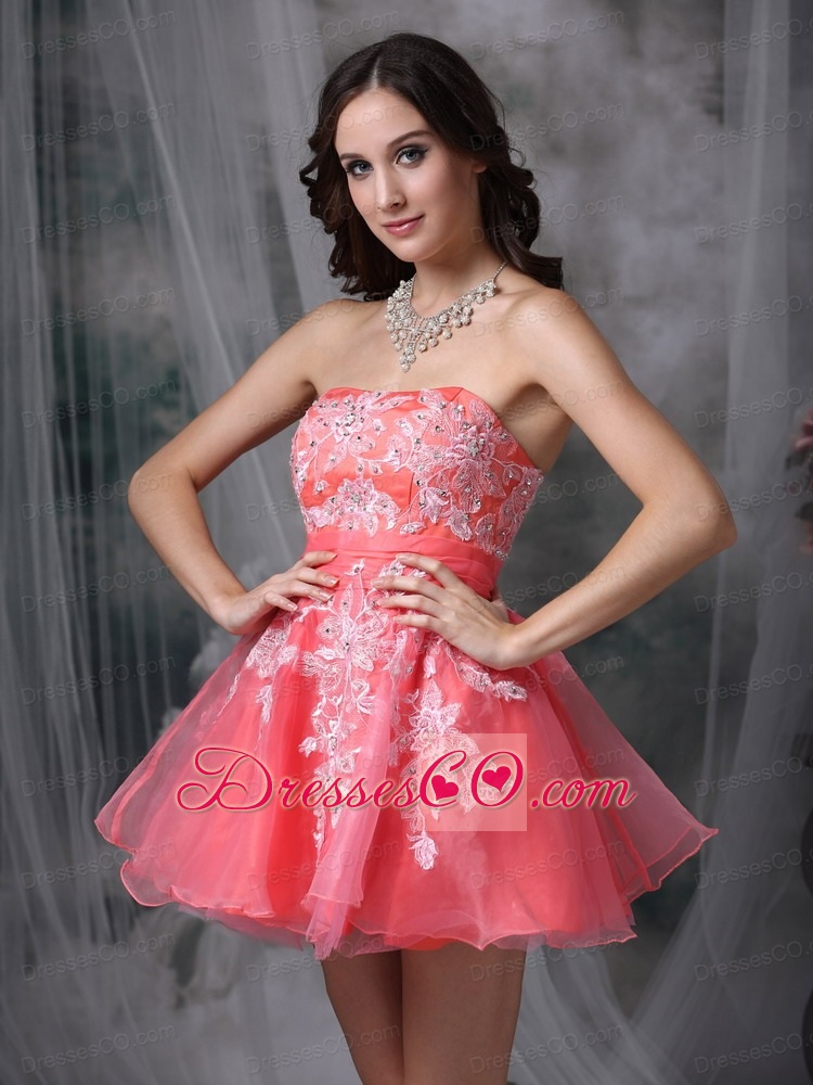Watermelon A-line Strapless Mini-length Organza Appliques Prom Dress