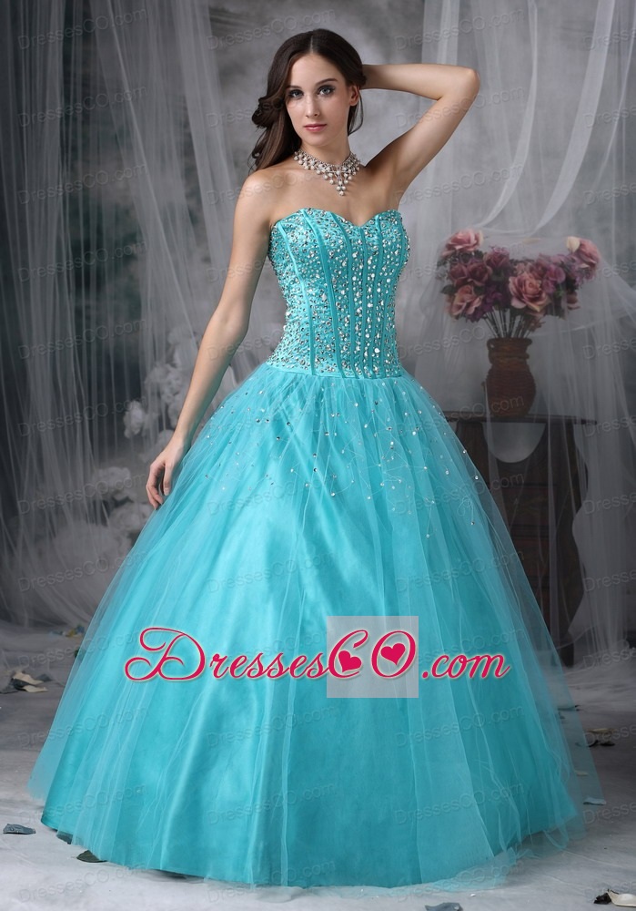 Beautiful Aque Blue A-line Quinceanera Dress Tulle Beading Long