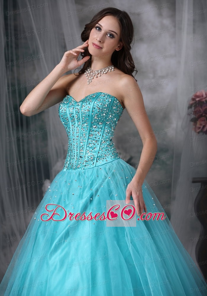Beautiful Aque Blue A-line Quinceanera Dress Tulle Beading Long
