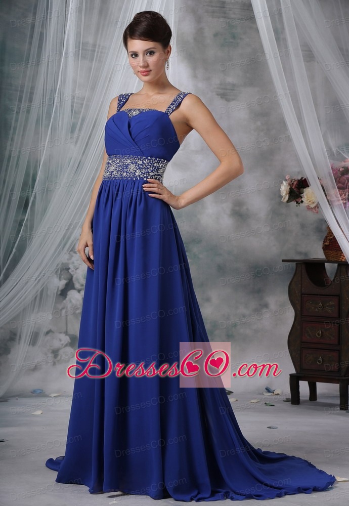 Beaded Decorate Straps and Waist Brush Train Royal Blue Chiffon Prom / Evening Dress For 2013