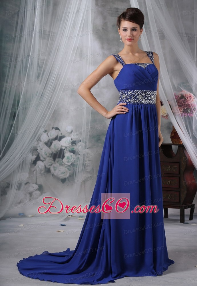 Beaded Decorate Straps and Waist Brush Train Royal Blue Chiffon Prom / Evening Dress For 2013