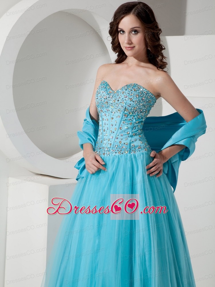 Simple Aqua Blue A-line / Princess Quinceanera Dress Tulle Beading Long