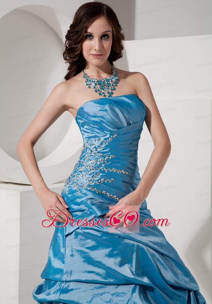 Sky Blue A-line / Princess Strapless Prom Dress Taffeta Beading Long