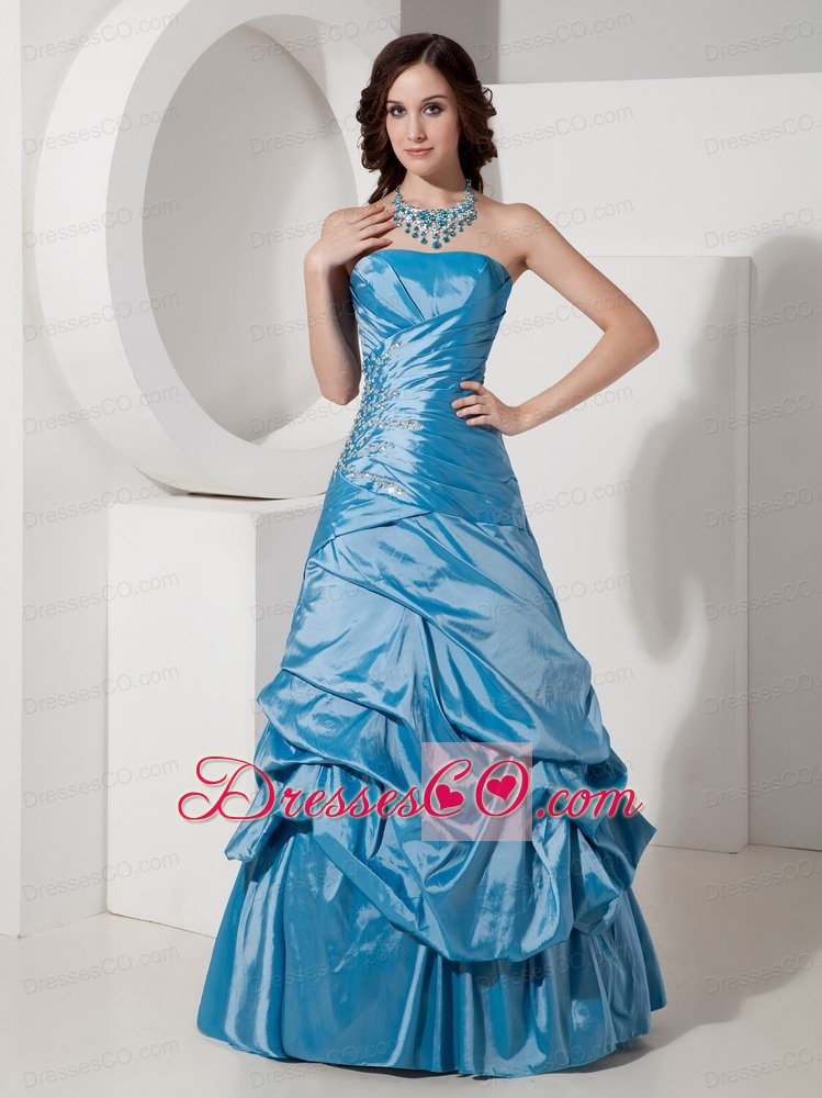 Sky Blue A-line / Princess Strapless Prom Dress Taffeta Beading Long