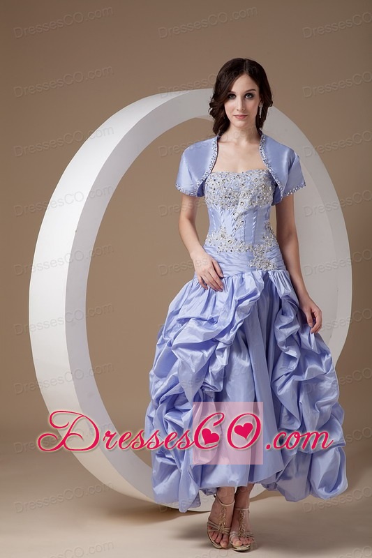 Modest Lilac A-line Strapless Prom Dress Taffeta Appliques With Beading Ankle-length