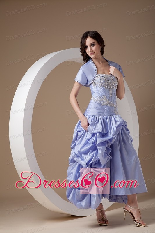 Modest Lilac A-line Strapless Prom Dress Taffeta Appliques With Beading Ankle-length