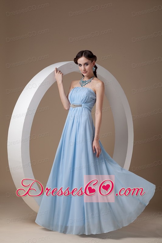 Light Blue Elegant Bridesmaid Dress Empire Strapless Chiffon Beading And Ruching Long