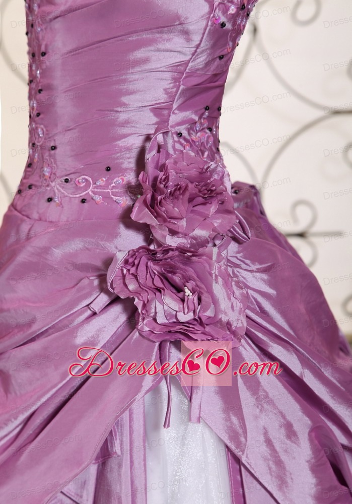 Hand Made Flowers Onside Embroidery With Beading Taffeta and Organza Prom Dress For 2013
