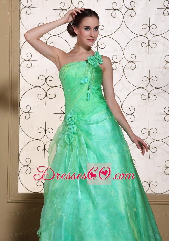 Turquoise One Shoulder Prom Dress For A-line Gown Hand Made Flowers Organza
