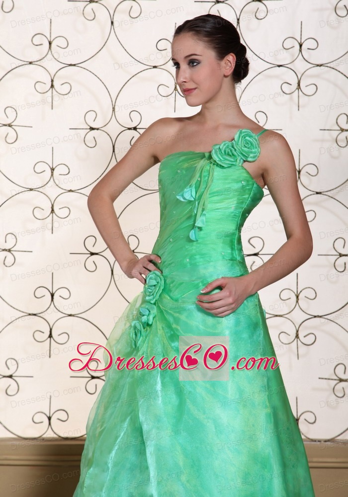 Turquoise One Shoulder Prom Dress For A-line Gown Hand Made Flowers Organza