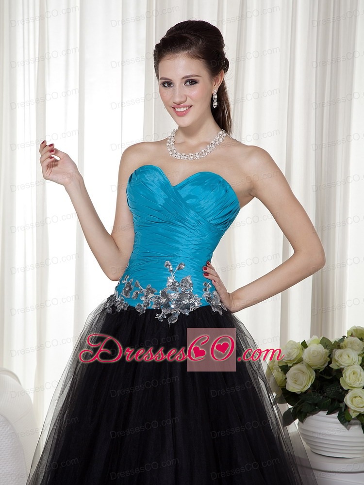 Blue And Black A-line Long Taffeta And Tulle Appliques Prom Dress